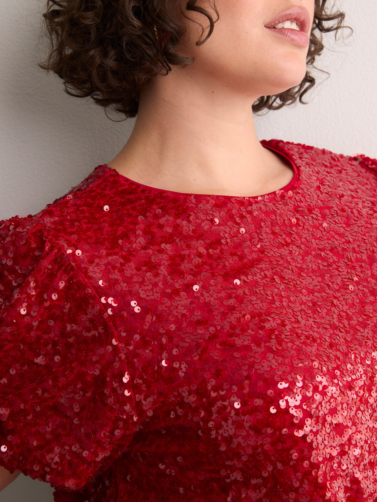 Straight Bubble-Sleeve Sequin Top