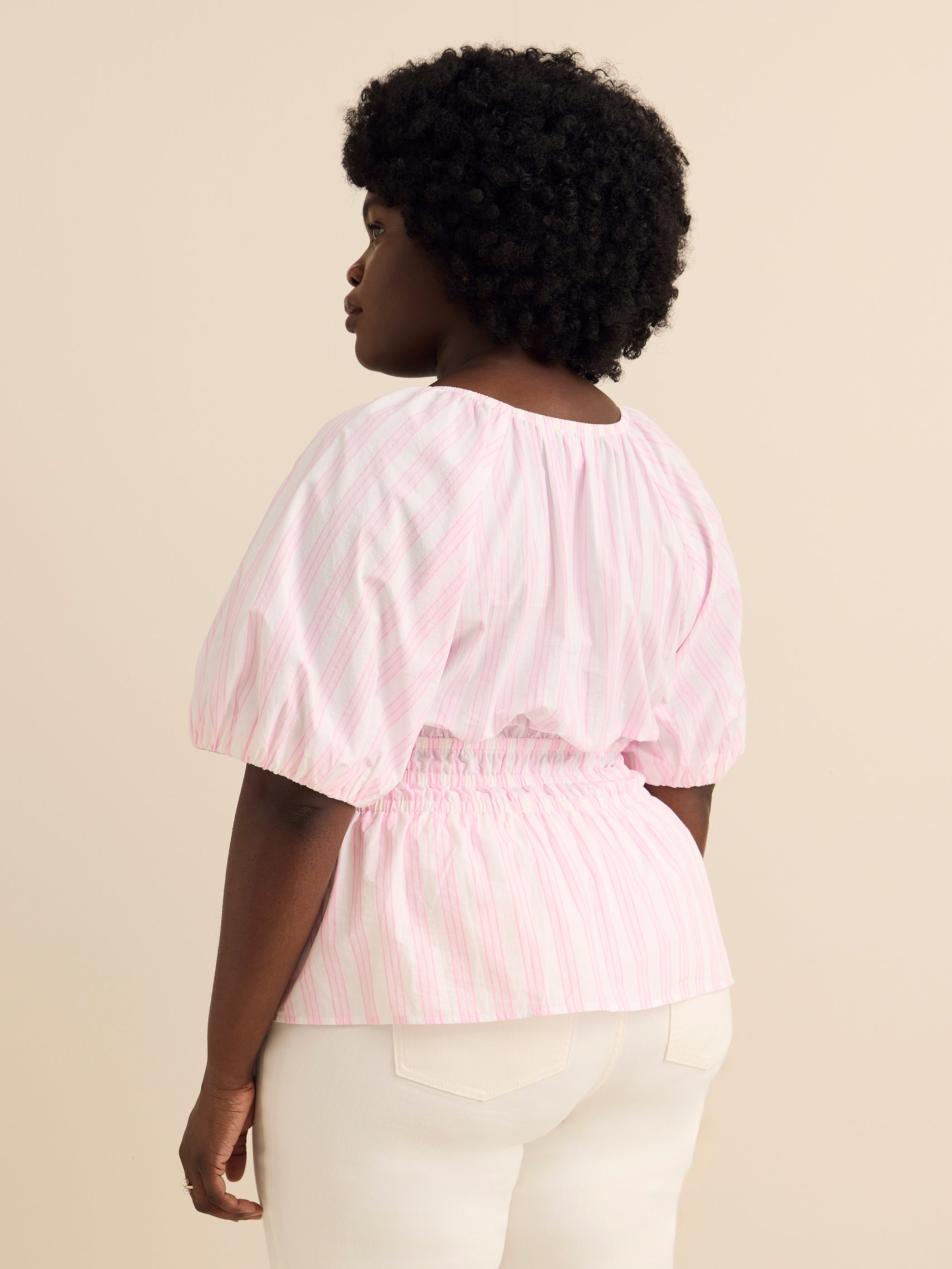 Pink Flared V-Neck Blouse with Short Bubble Sleeves