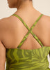 Haut tankini vert froncé style bandeau à motif de feuillage