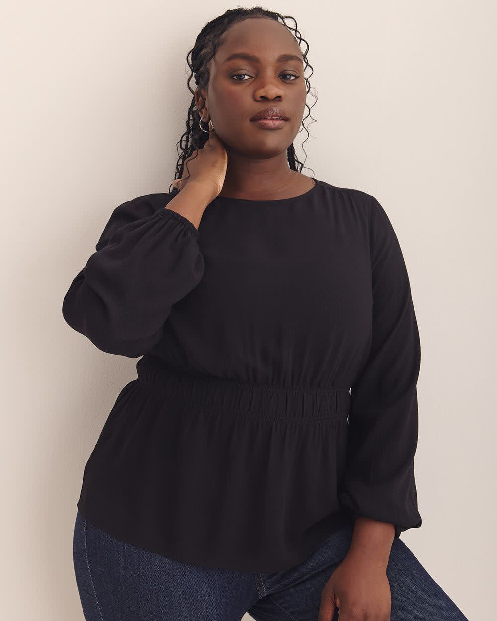 Crewneck Blouse with Smocking Waist - Addition Elle