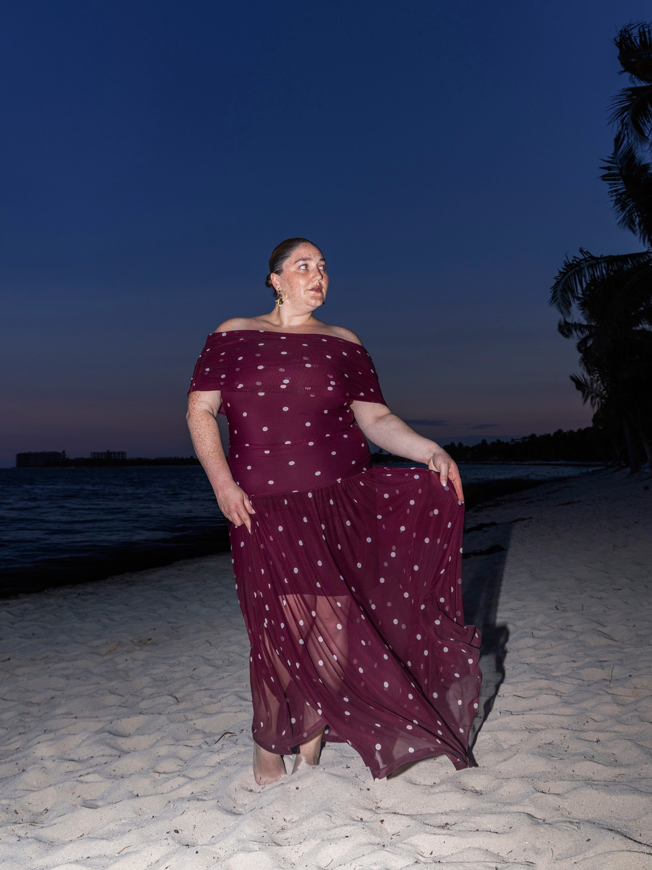 Purple Dotted Off-Shoulder Mesh Maxi Dress - Addition Elle