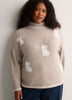 Beige Loose-Fit Mock-Neck Sweater with Embroidered Cats