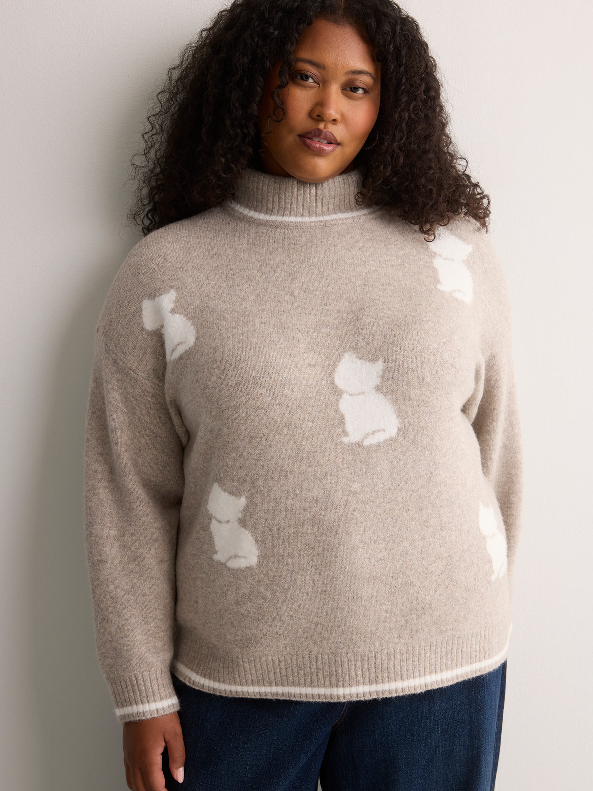 Beige Loose-Fit Mock-Neck Sweater with Embroidered Cats