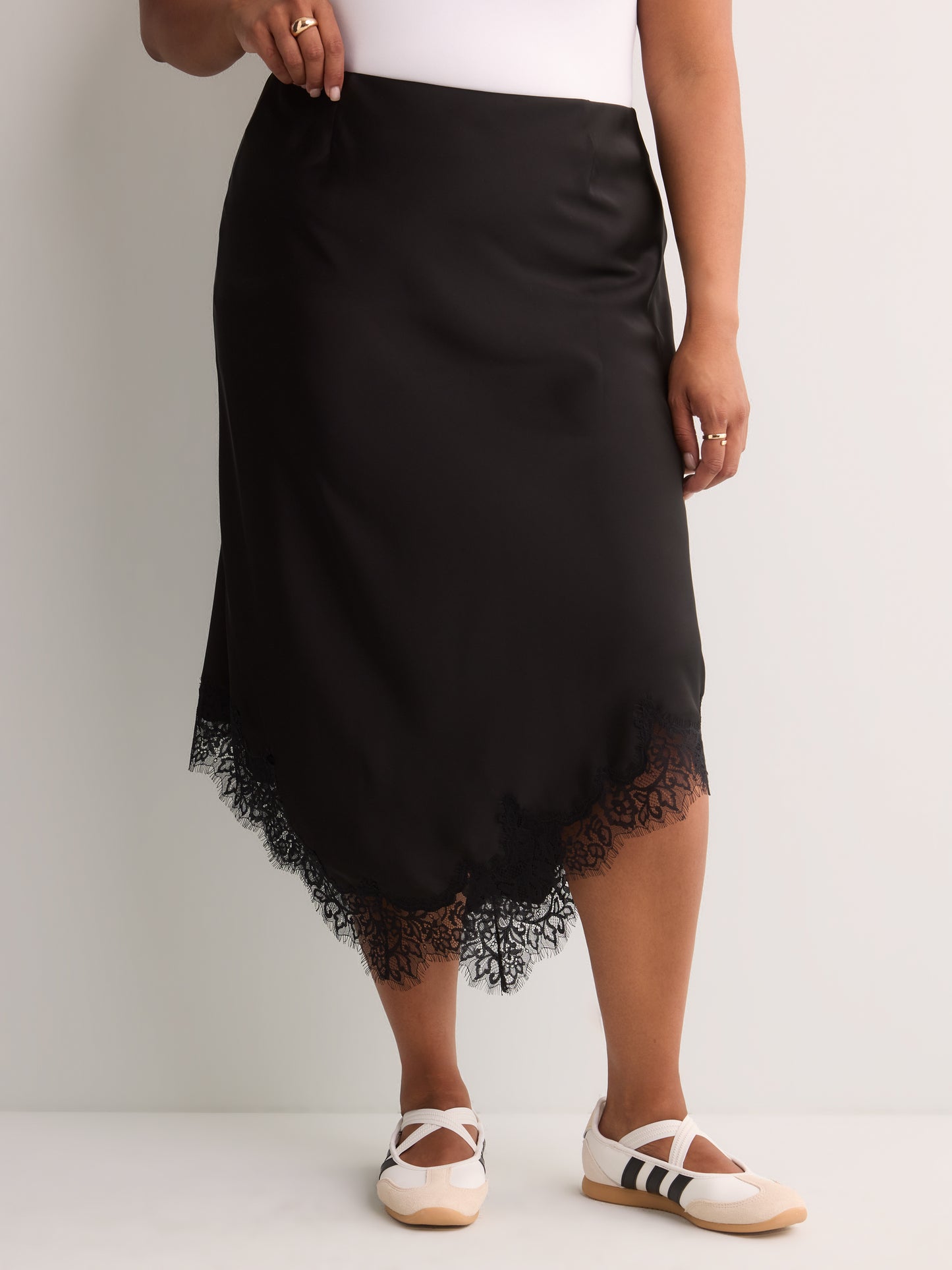 Black Satin Midi Skirt with Lace Hem