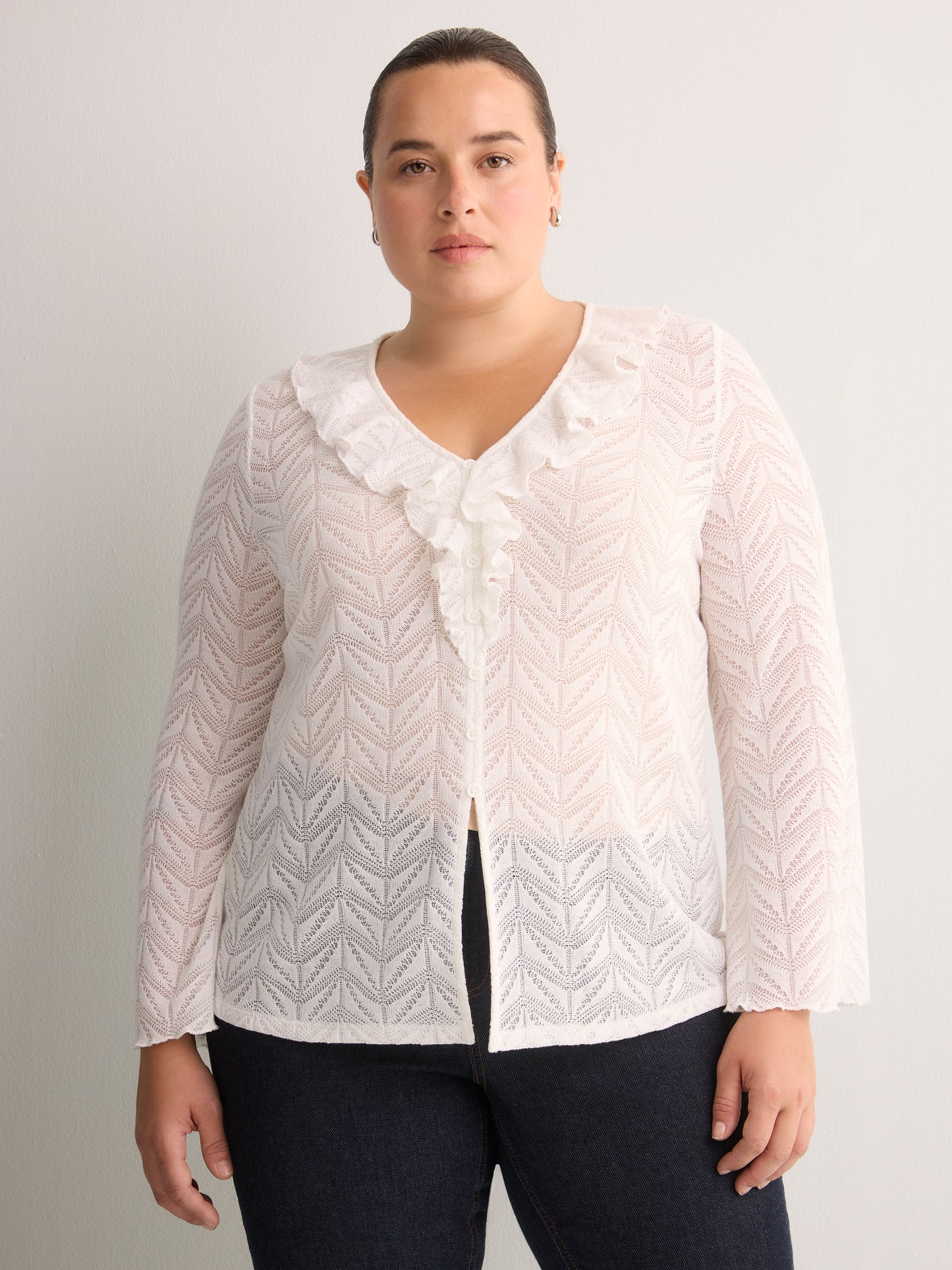 Straight V-Neck Crochet Pointelle Knit Blouse with Trumpet Sleeves