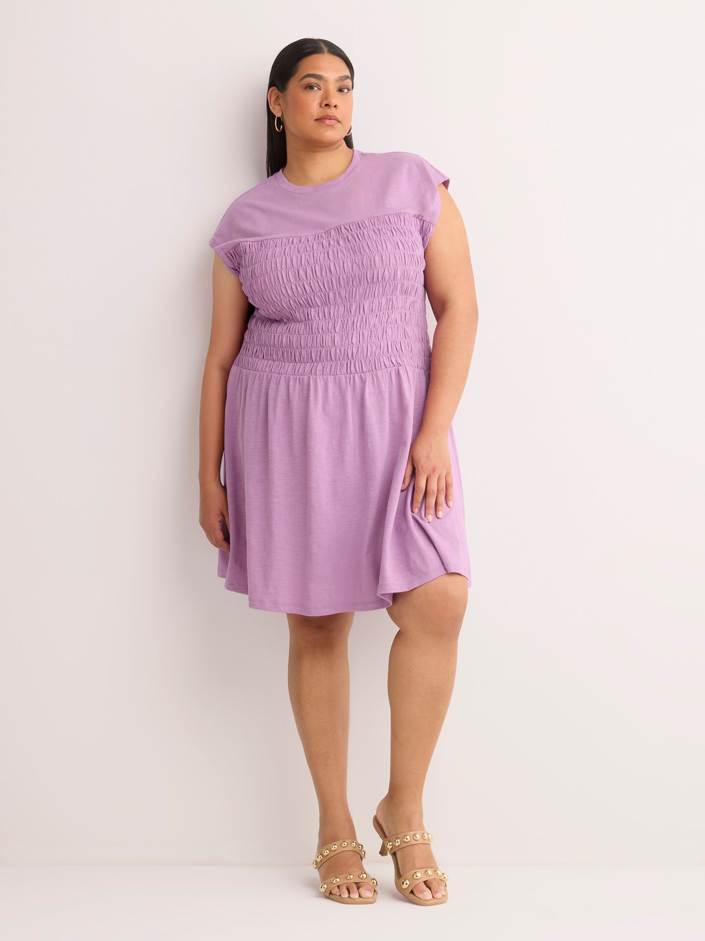 Sleeveless Smocked Crew-Neck Short Dress