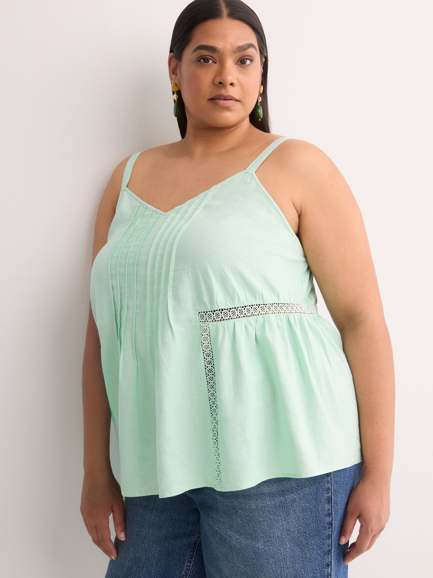 Linen Blend Swing Cami Blouse with Pintuck Detail