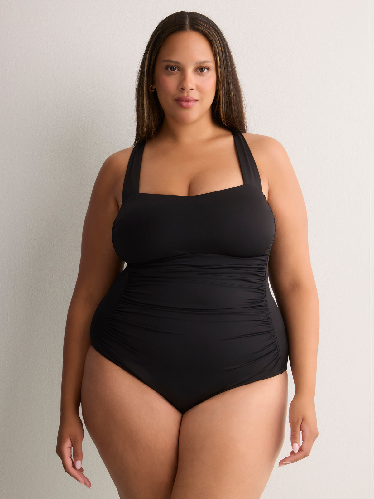 Black Shirred Mid-Leg One-Piece Swimsuit