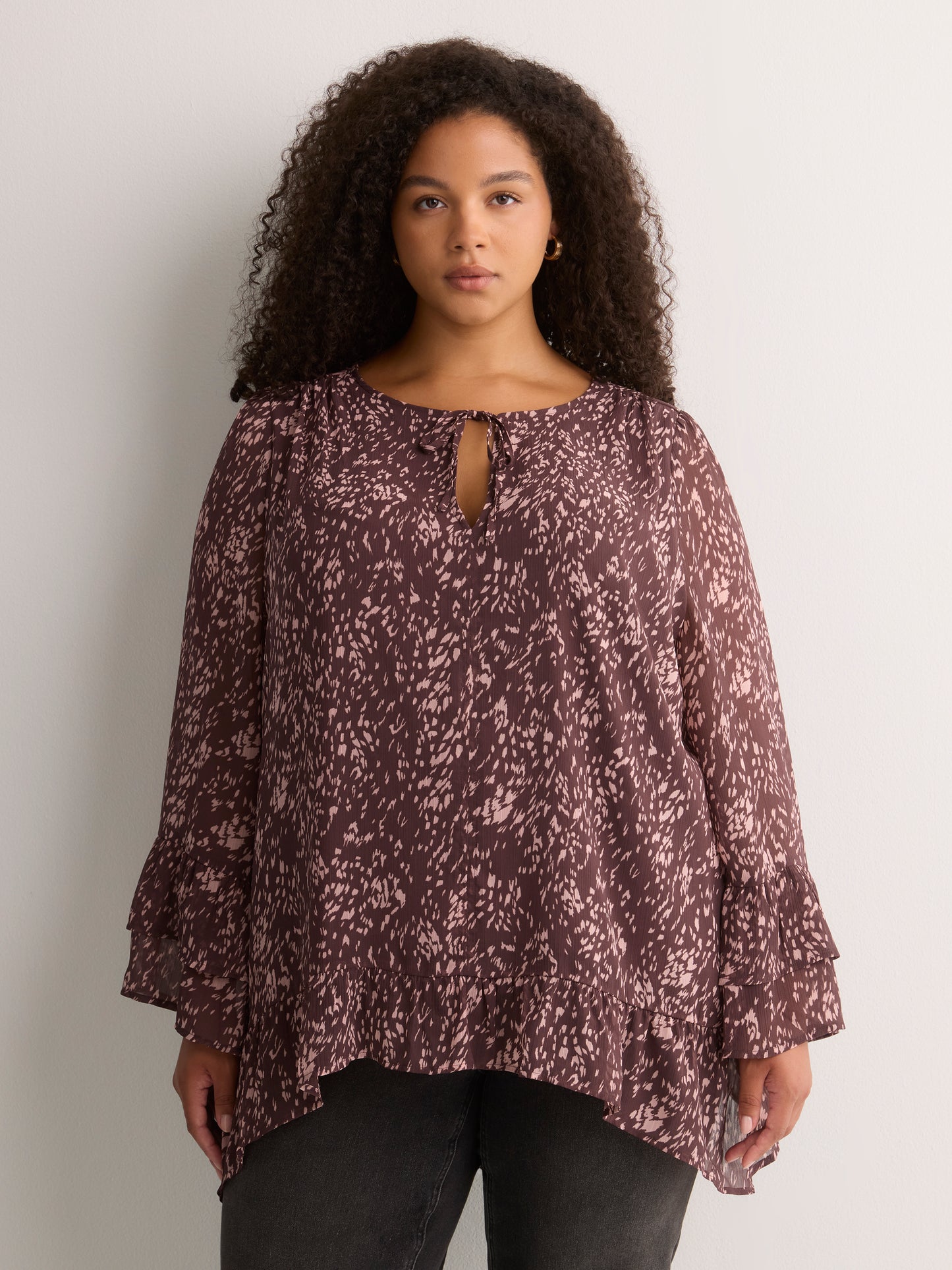 Split-Neck Long Flounce Sleeve Asymmetrical Blouse