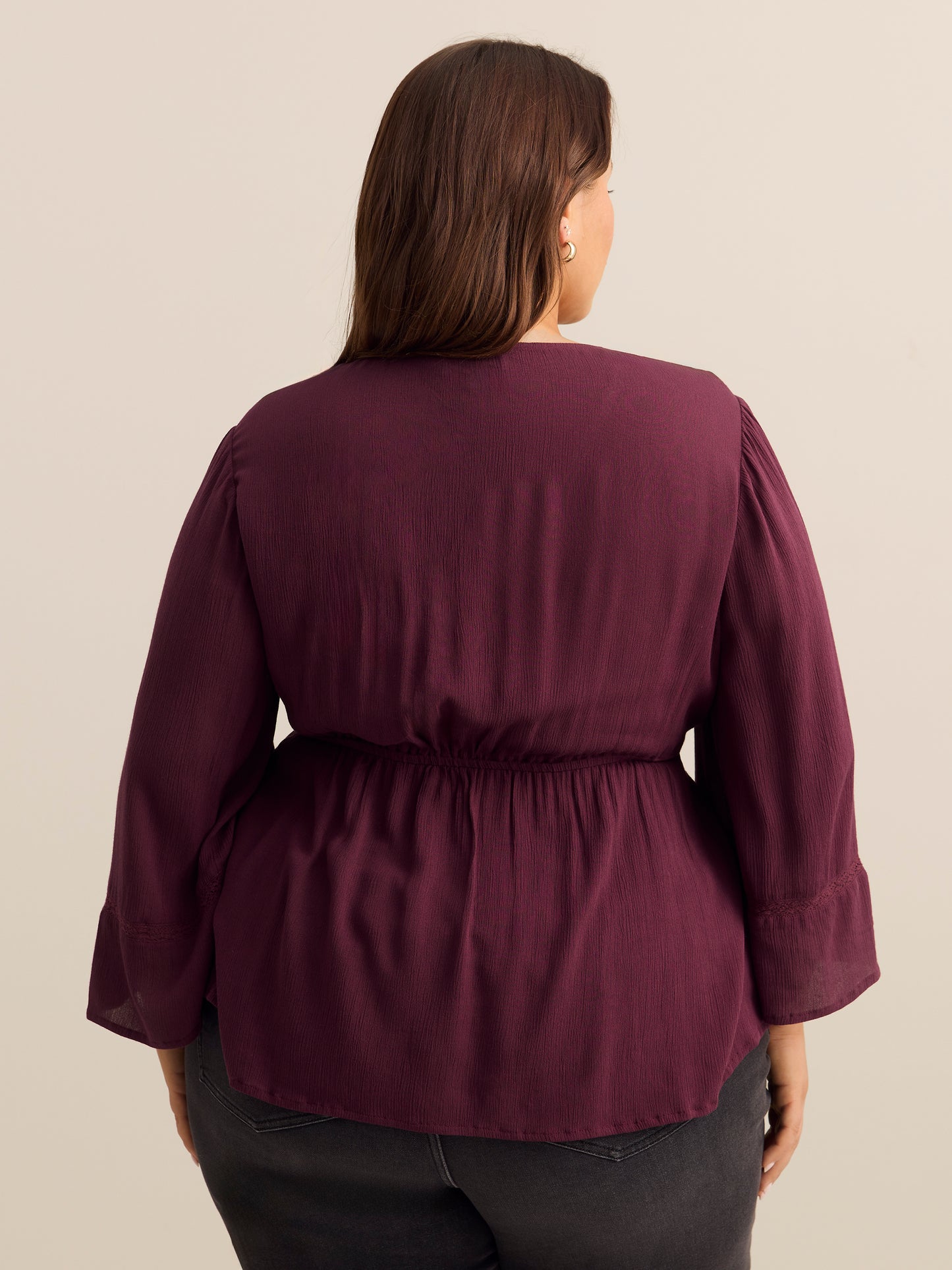 Blouse à col en V et manches amples avec ruban décoratif - Addition Elle