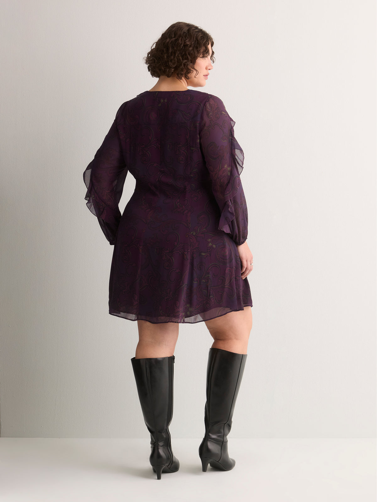 Purple Printed Chiffon Ruffled Swing Dress