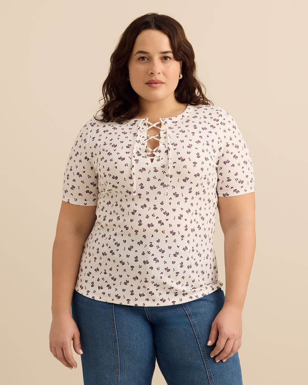 Elbow-Sleeve Top with Lace-Up Front Neckline