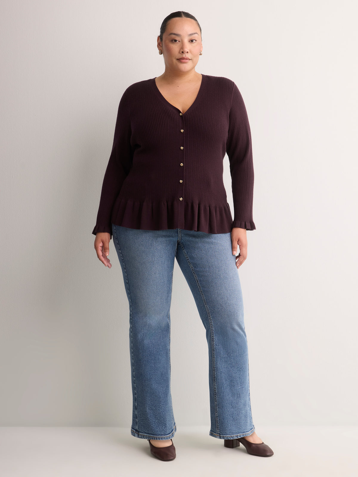 Responsible, Fit and Flare Peplum Button-Down Sweater