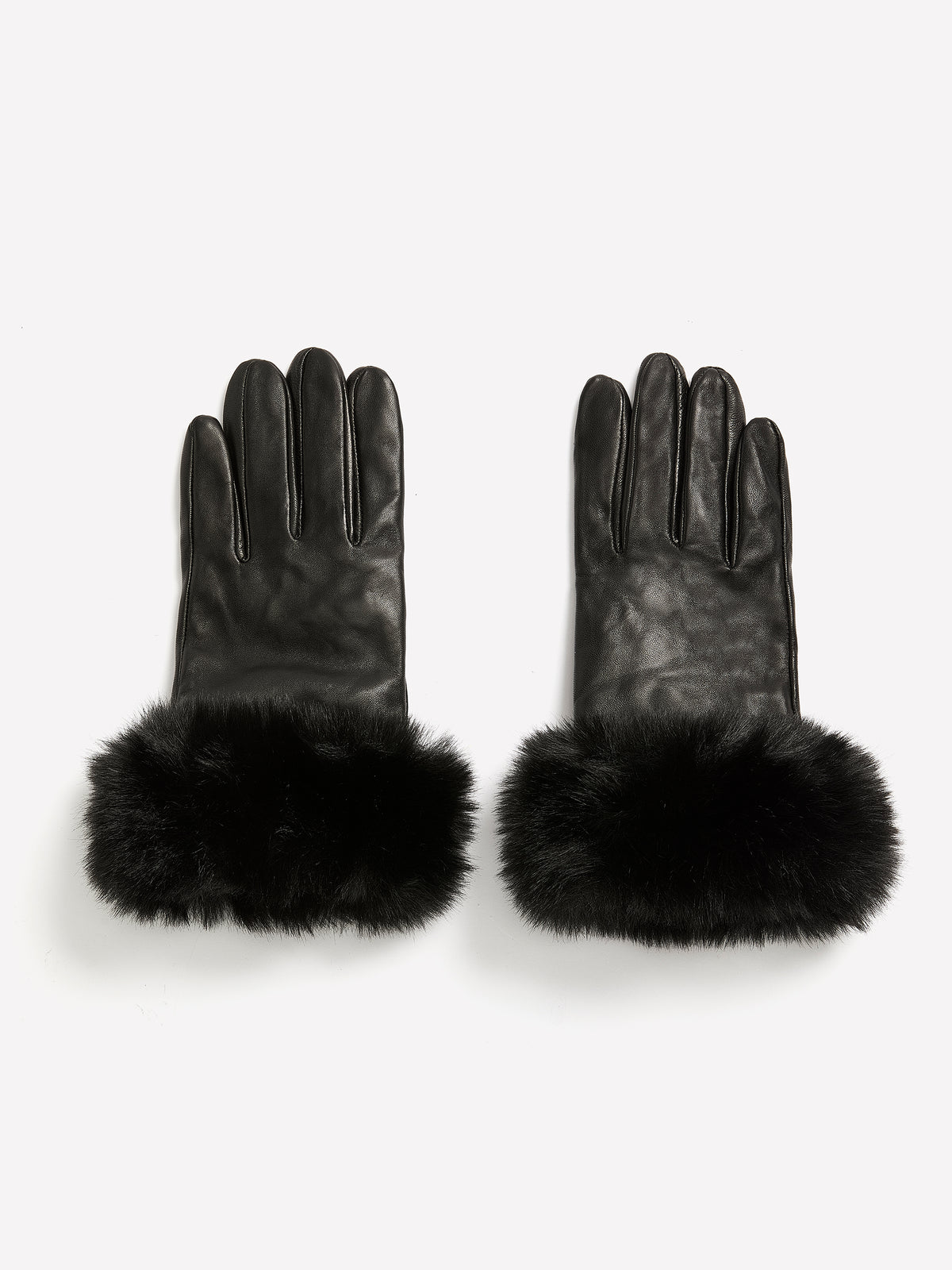 Black Leather Gloves with Faux-Fur Trim Cuffs