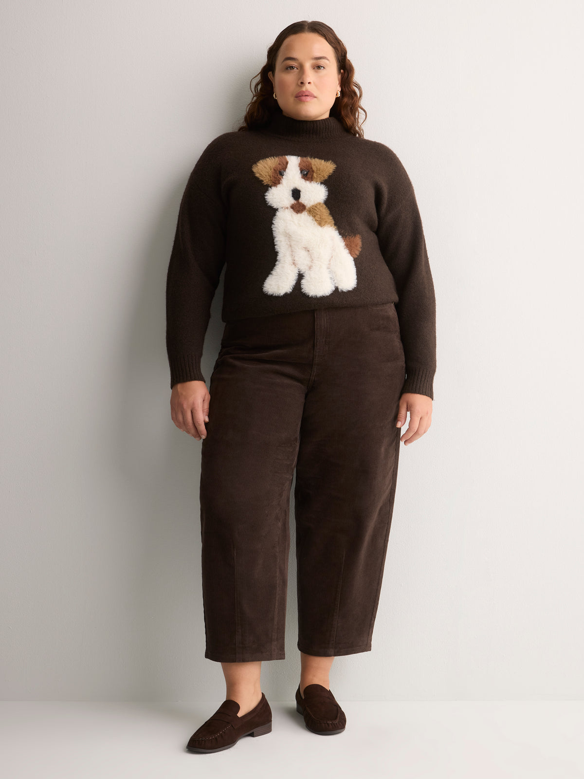 Loose-Fit Mock-Neck Hairy Cat Print Sweater