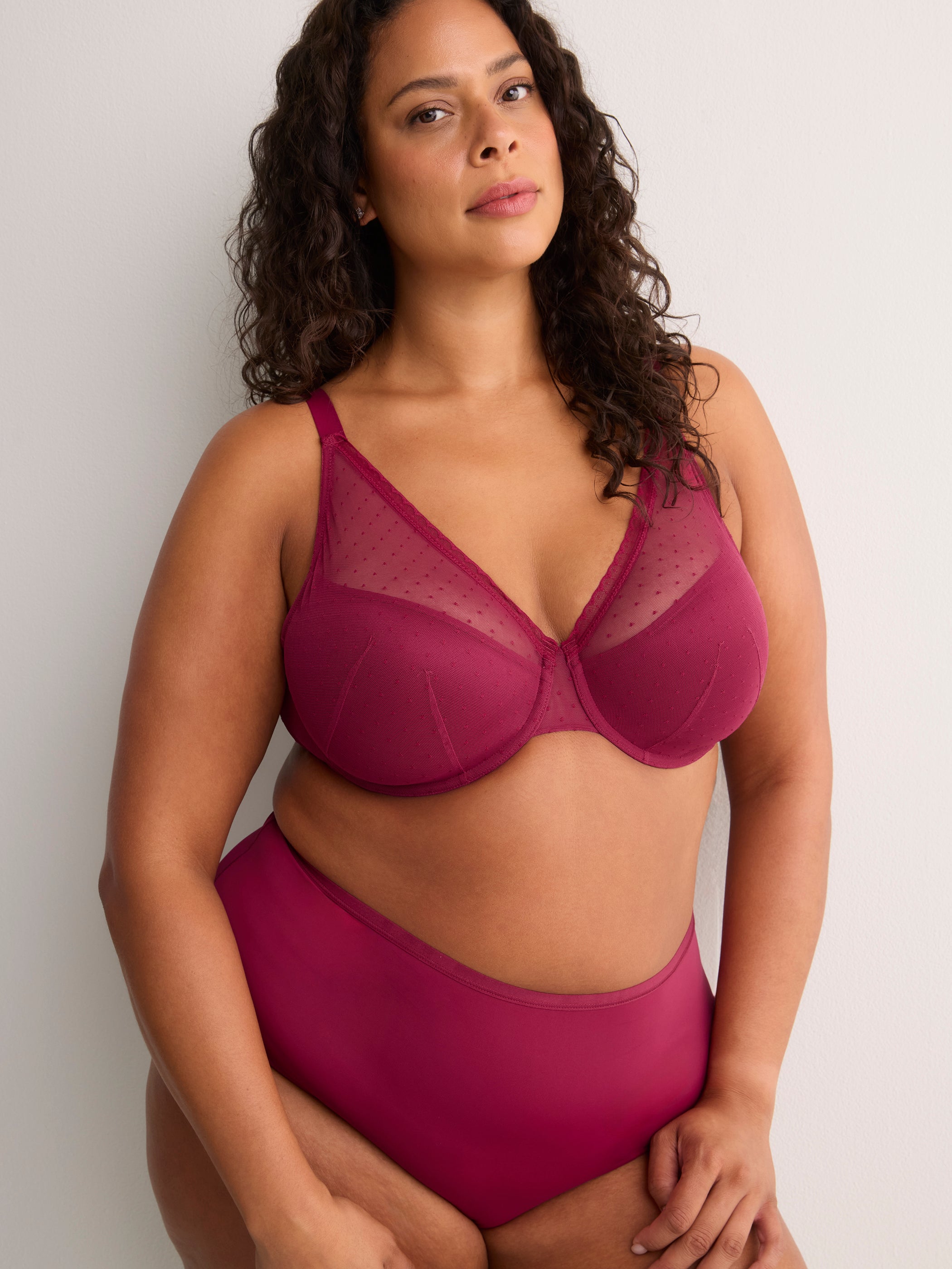 Red Underwire Clip Dot Mesh Balconette Bra with Lace - Déesse