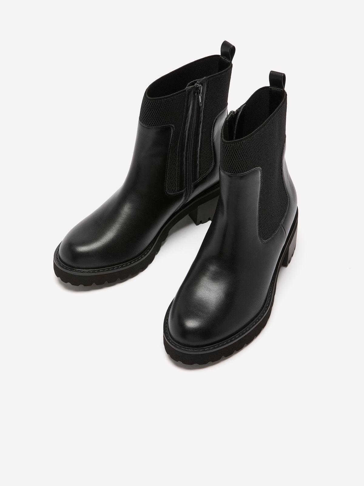 Wide Width, Black Faux Leather Abelita Mid-Heel Chunky Bootie