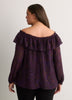 Purple Printed Buttoned-Down Swing Blouse with Open Ruffled Neckline