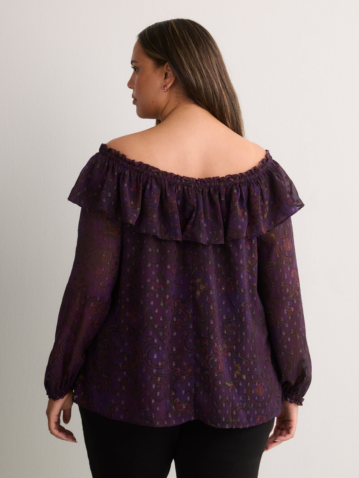 Purple Printed Buttoned-Down Swing Blouse with Open Ruffled Neckline