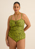Haut tankini vert froncé style bandeau à motif de feuillage