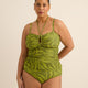 Haut tankini vert froncé style bandeau à motif de feuillage