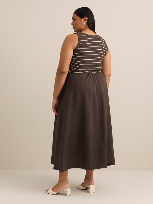 Responsible, Striped Sleeveless Henley Flared Maxi Dress