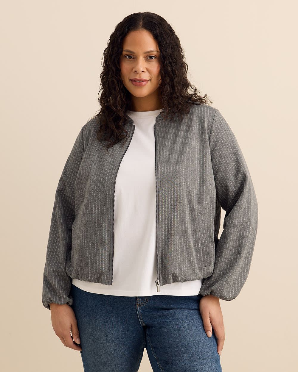 Grey Pinstripe Balloon-Hem Bomber Jacket