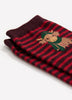 Red Striped Cotton Knit Crew Socks with Highland Cow Print