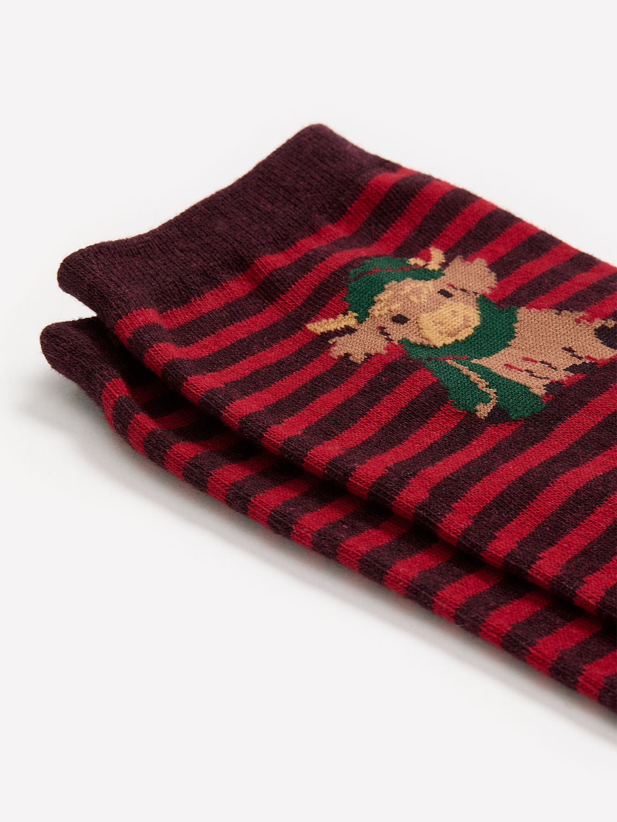 Red Striped Cotton Knit Crew Socks with Highland Cow Print