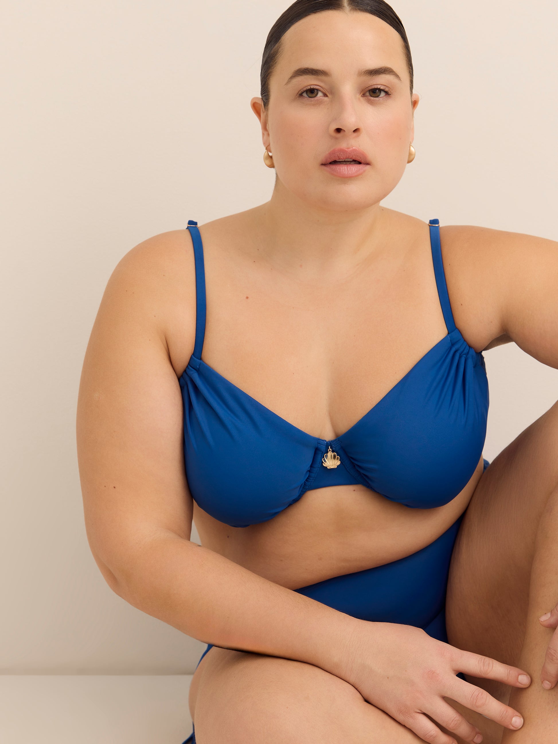 Underwire Blue Satin Ruched Bikini Top