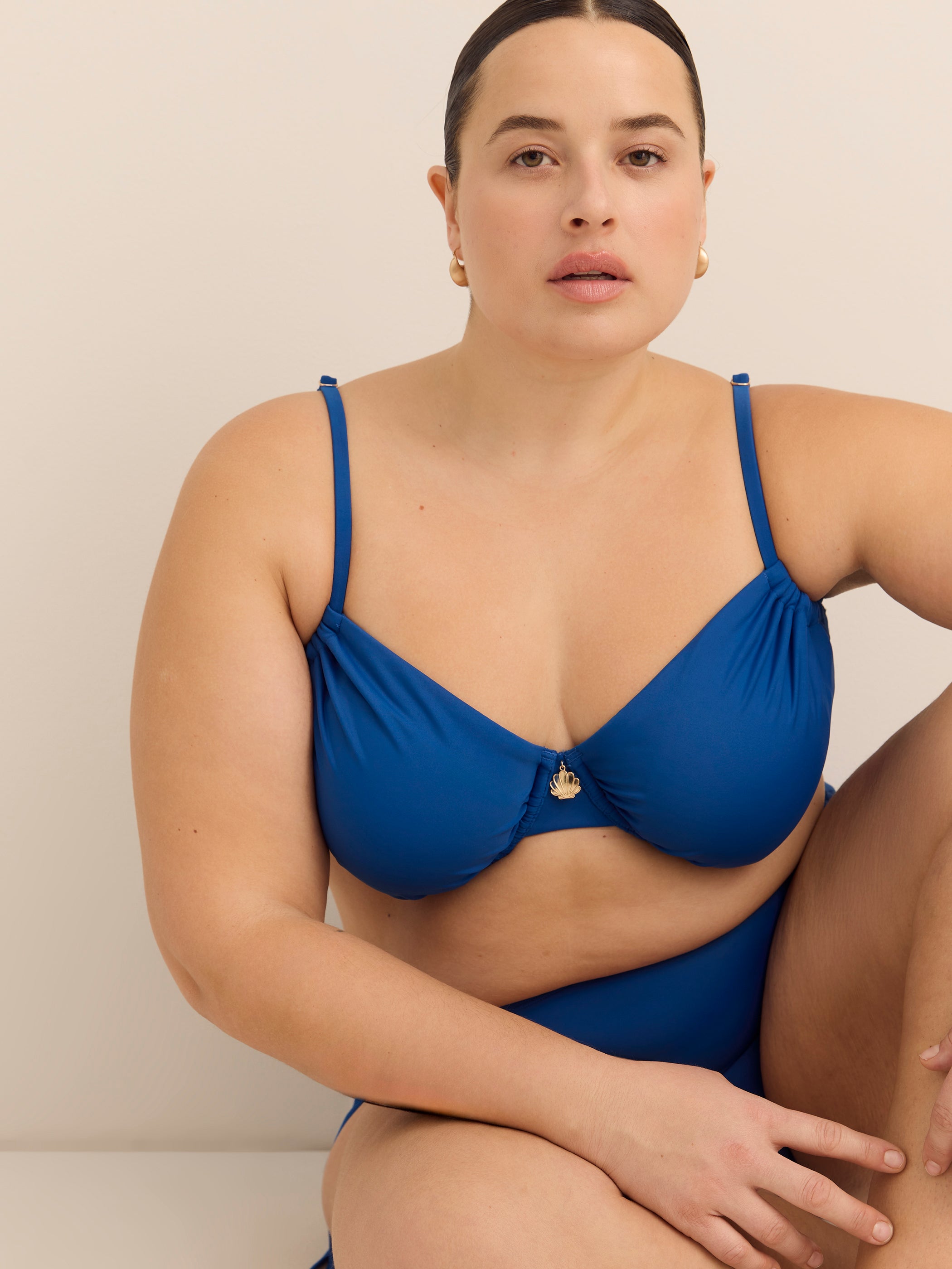 Underwire Blue Satin Ruched Bikini Top