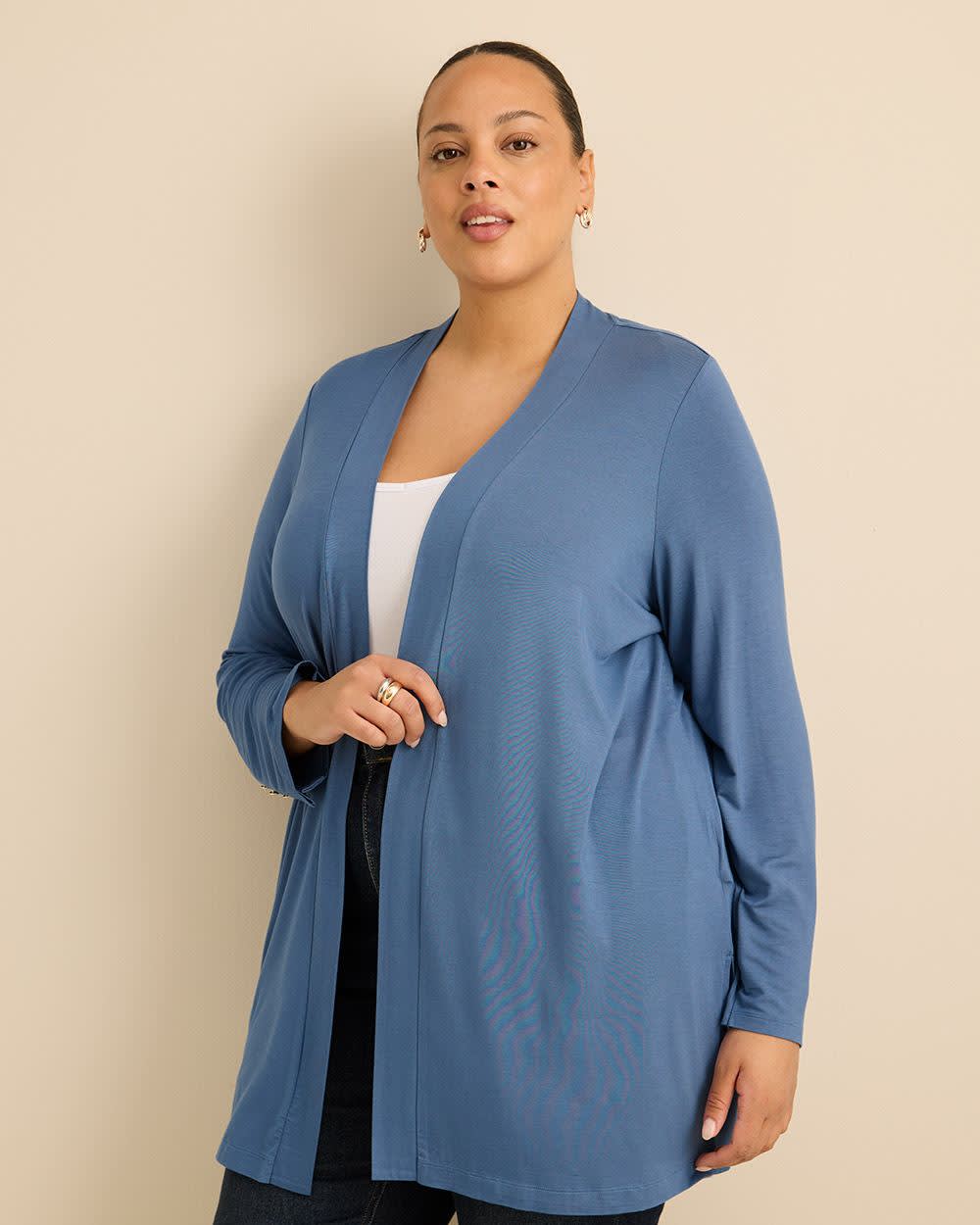 Blue Long-Sleeve Open Tunic Cardigan