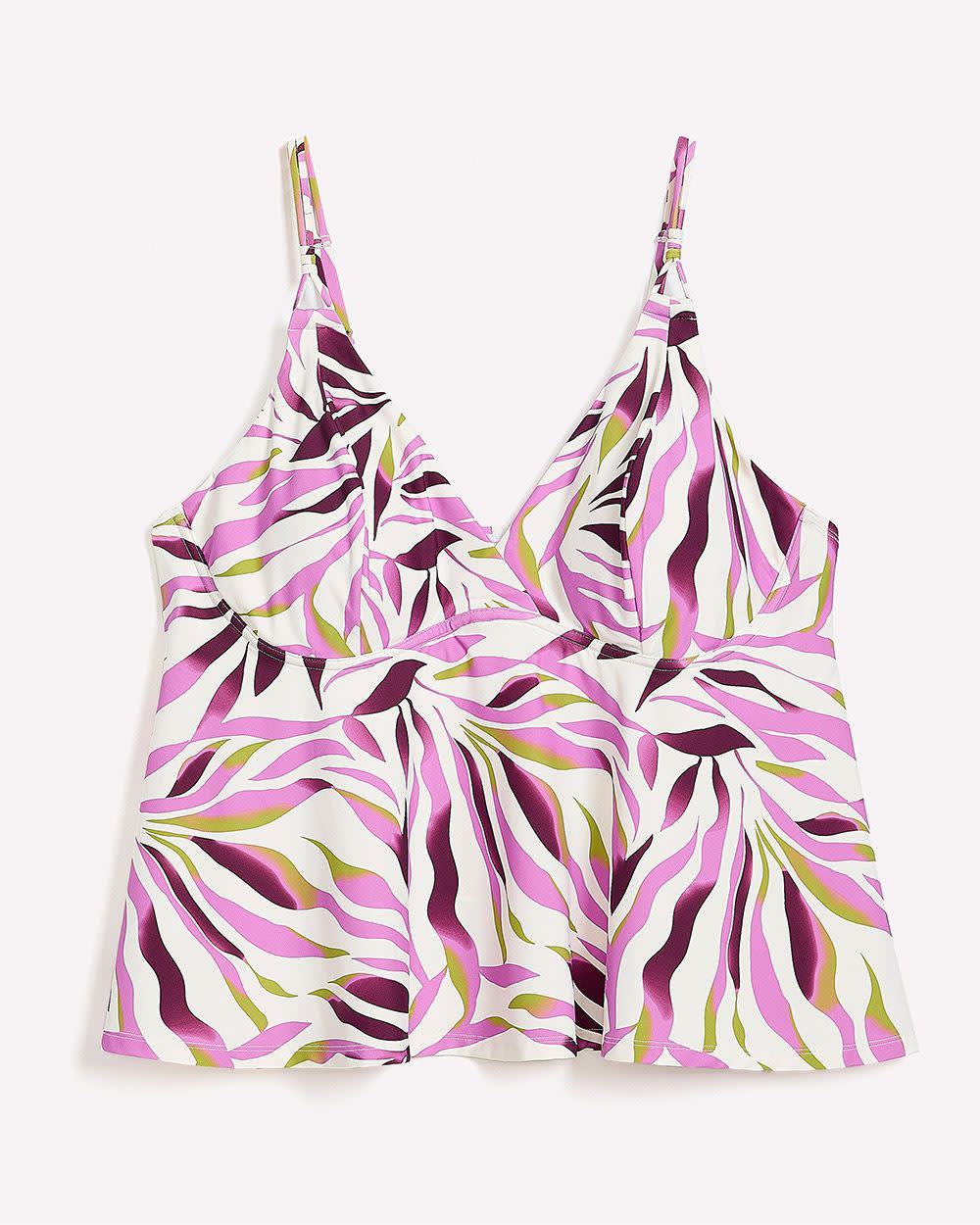 Haut de tankini pigeonnant blanc avec motif de feuillage violet