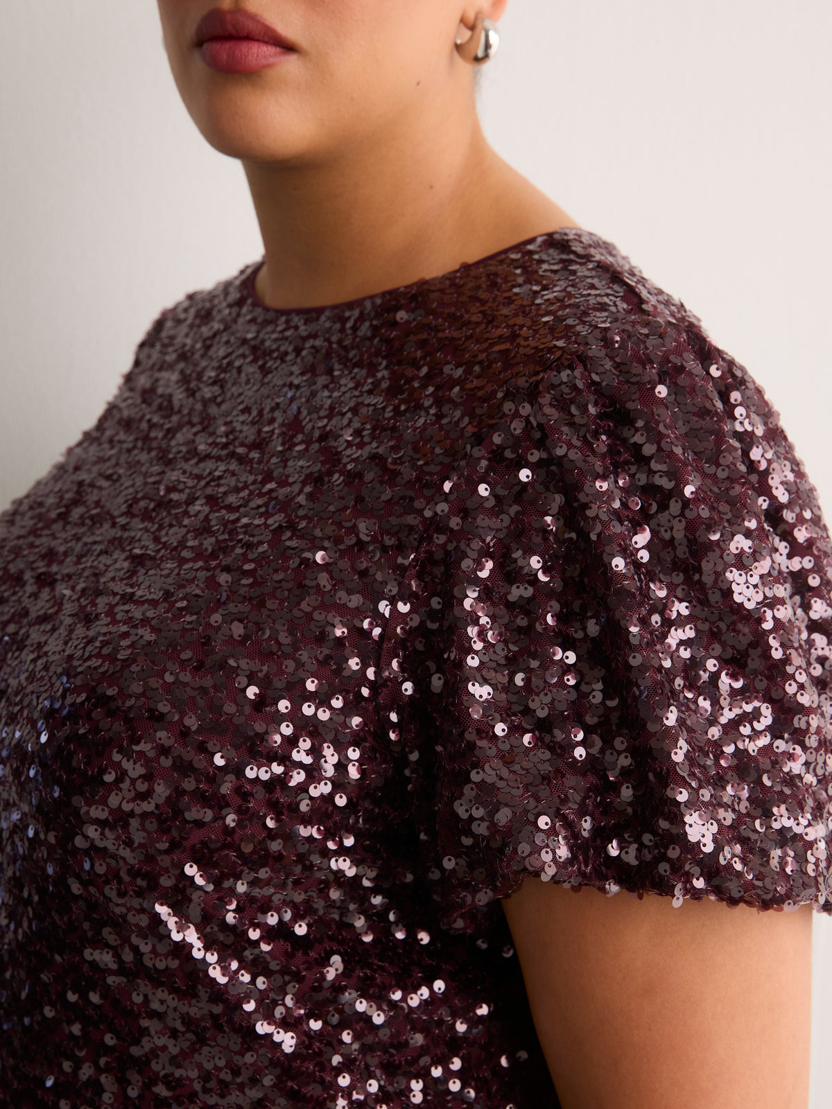Straight Bubble-Sleeve Sequin Top