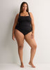 Black Shirred Mid-Leg One-Piece Swimsuit