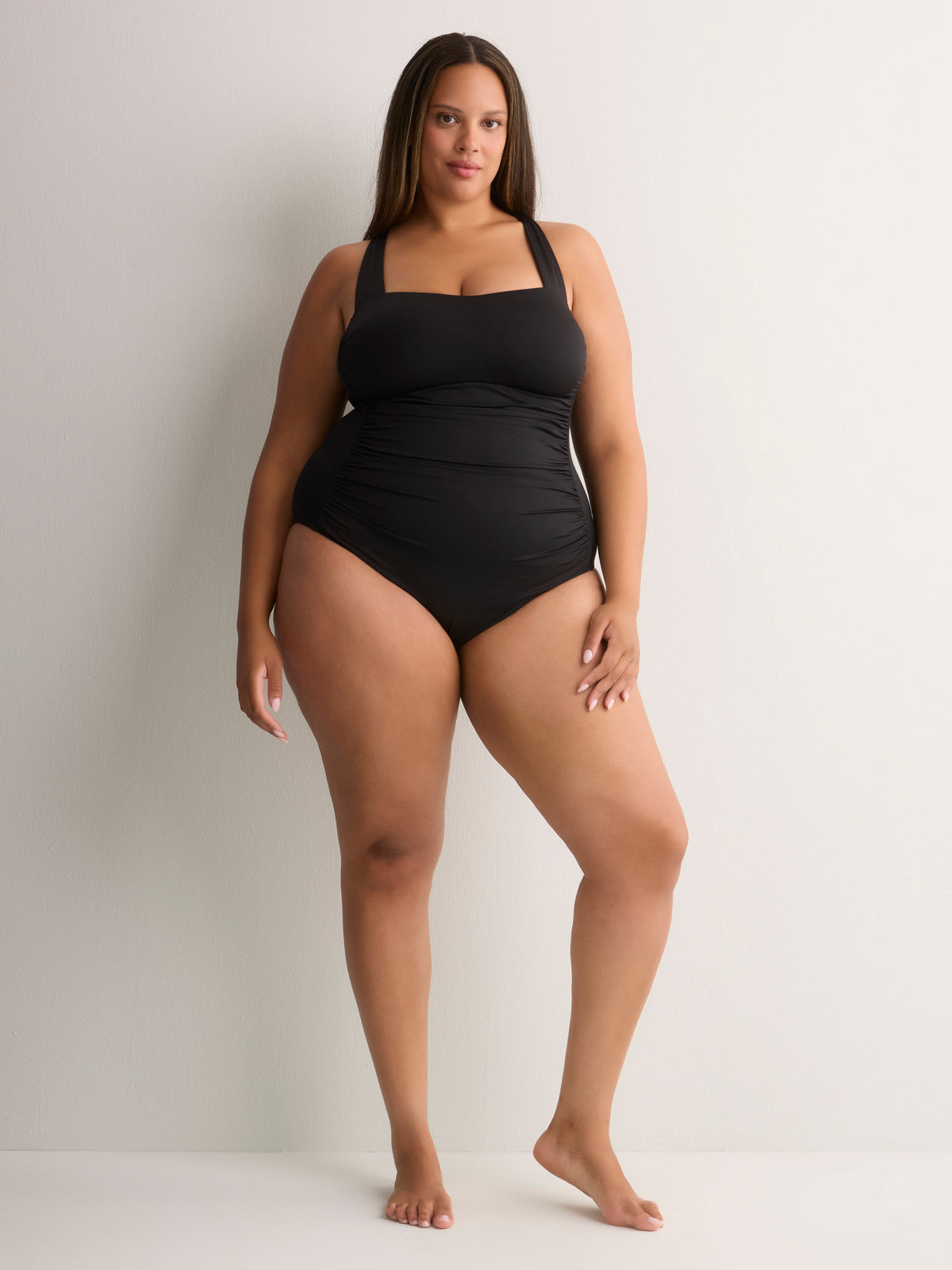 Black Shirred Mid-Leg One-Piece Swimsuit