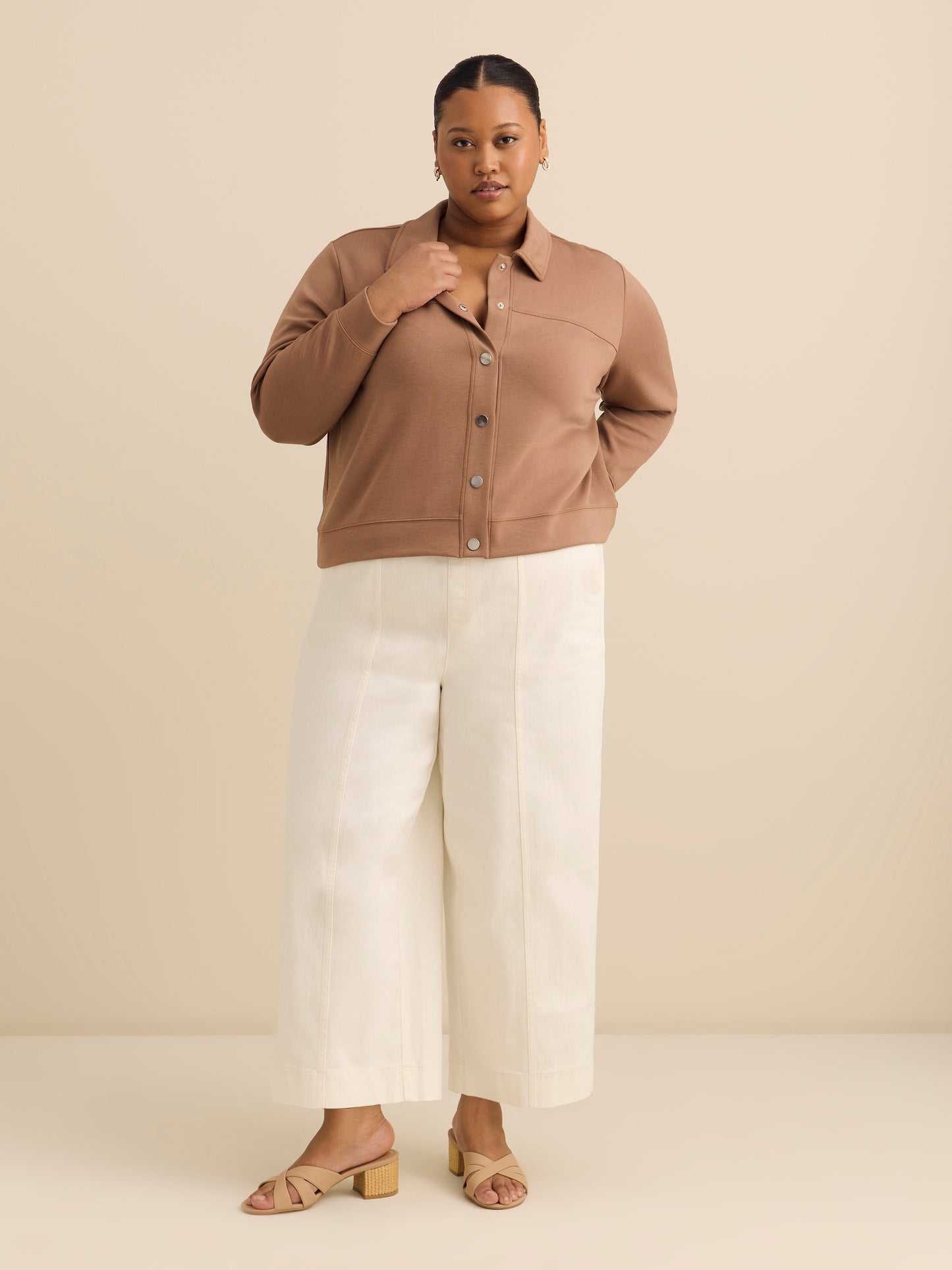 Neoprene Bomber Knit Top with Shirt Collar