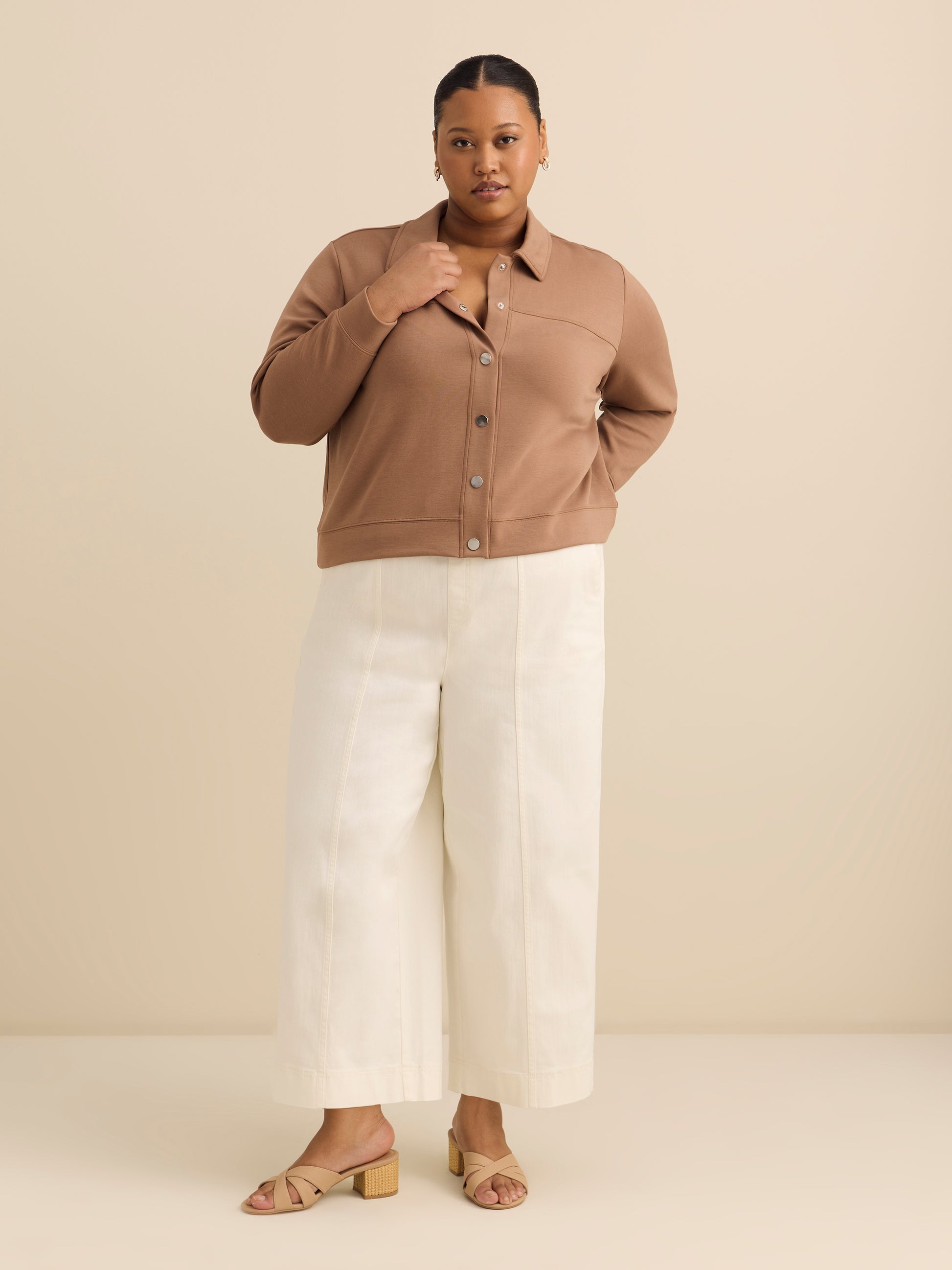 Neoprene Bomber Knit Top with Shirt Collar