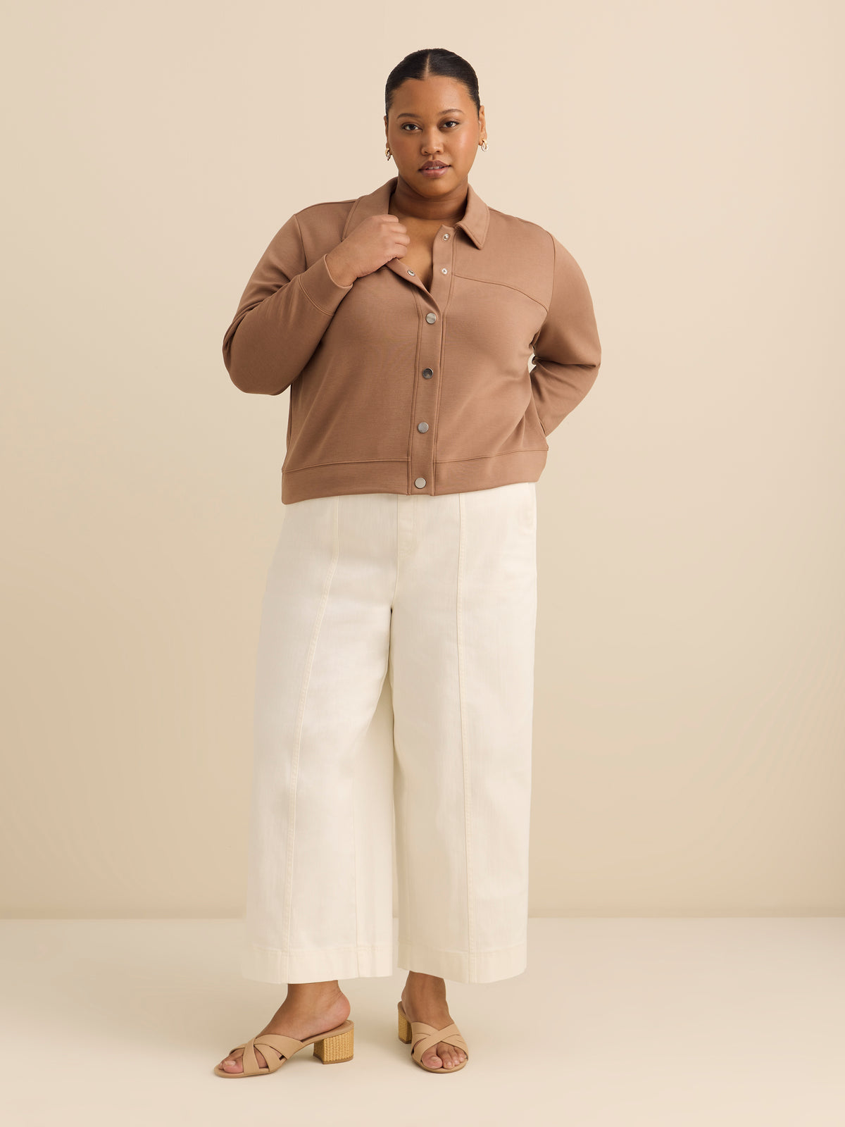 Neoprene Bomber Knit Top with Shirt Collar