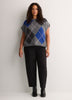 Loose Extended-Sleeve Argyle Fuzzy Yarn Short Sweater