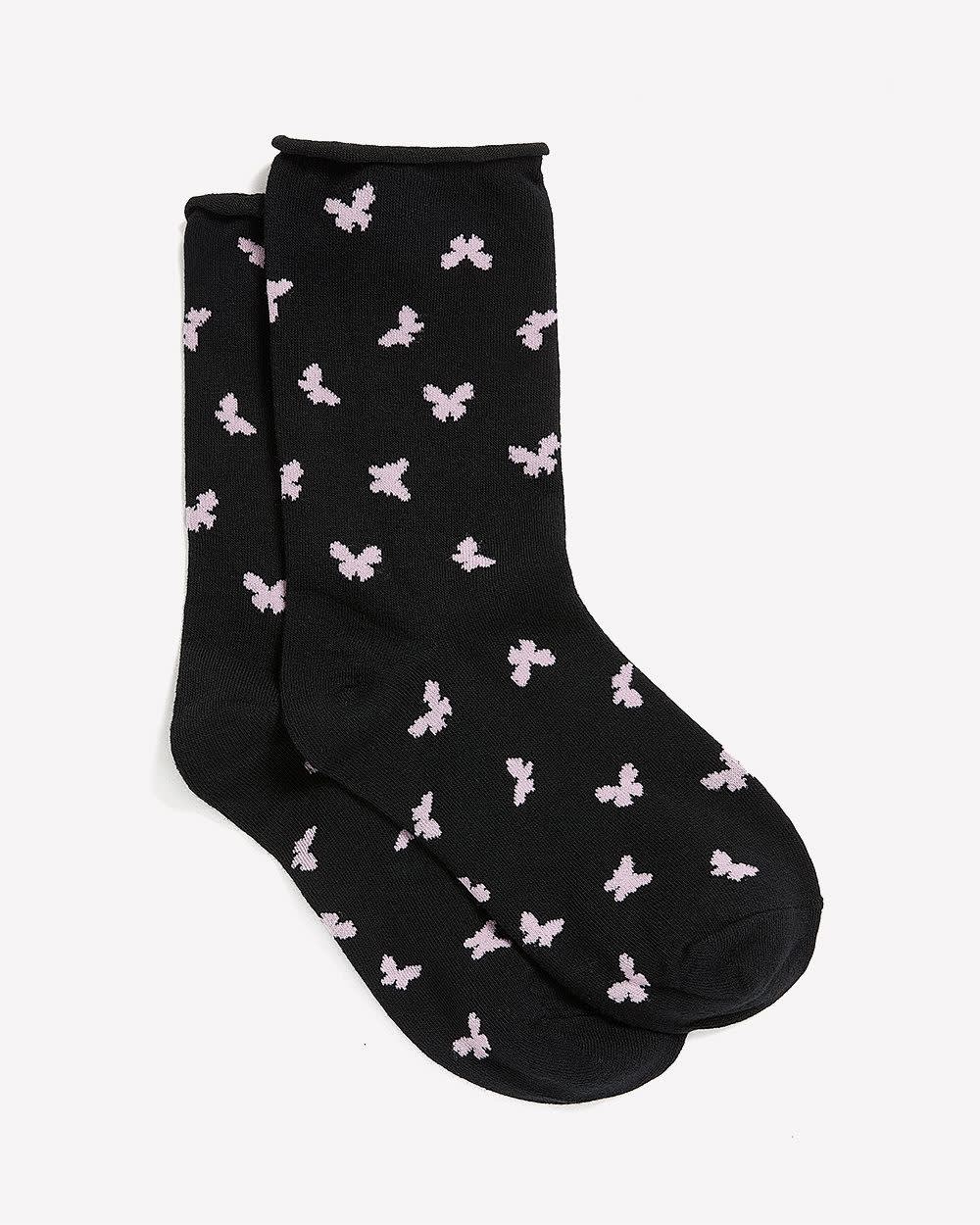 Chaussettes noires à motif de papillons avec rebord roulé