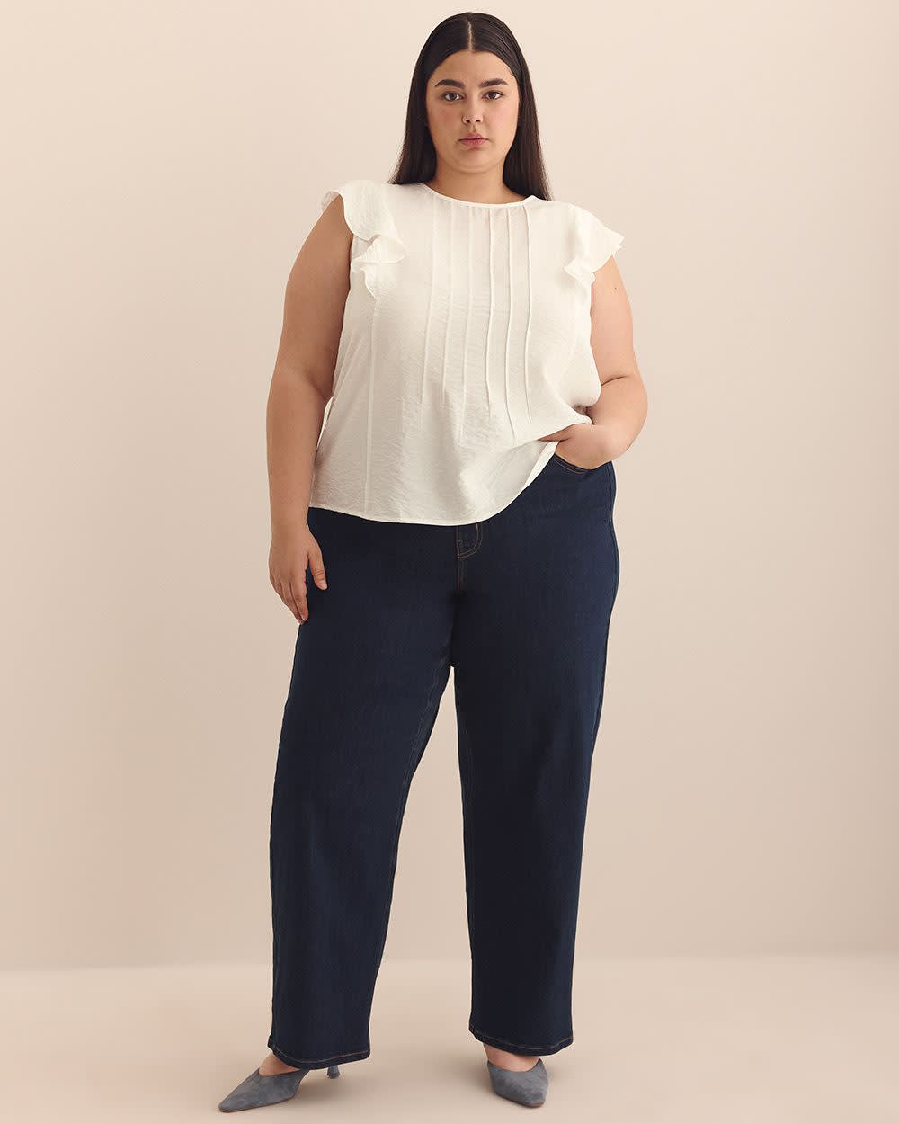 Short Sleeve Ruffle Blouse with Pintucks Detail