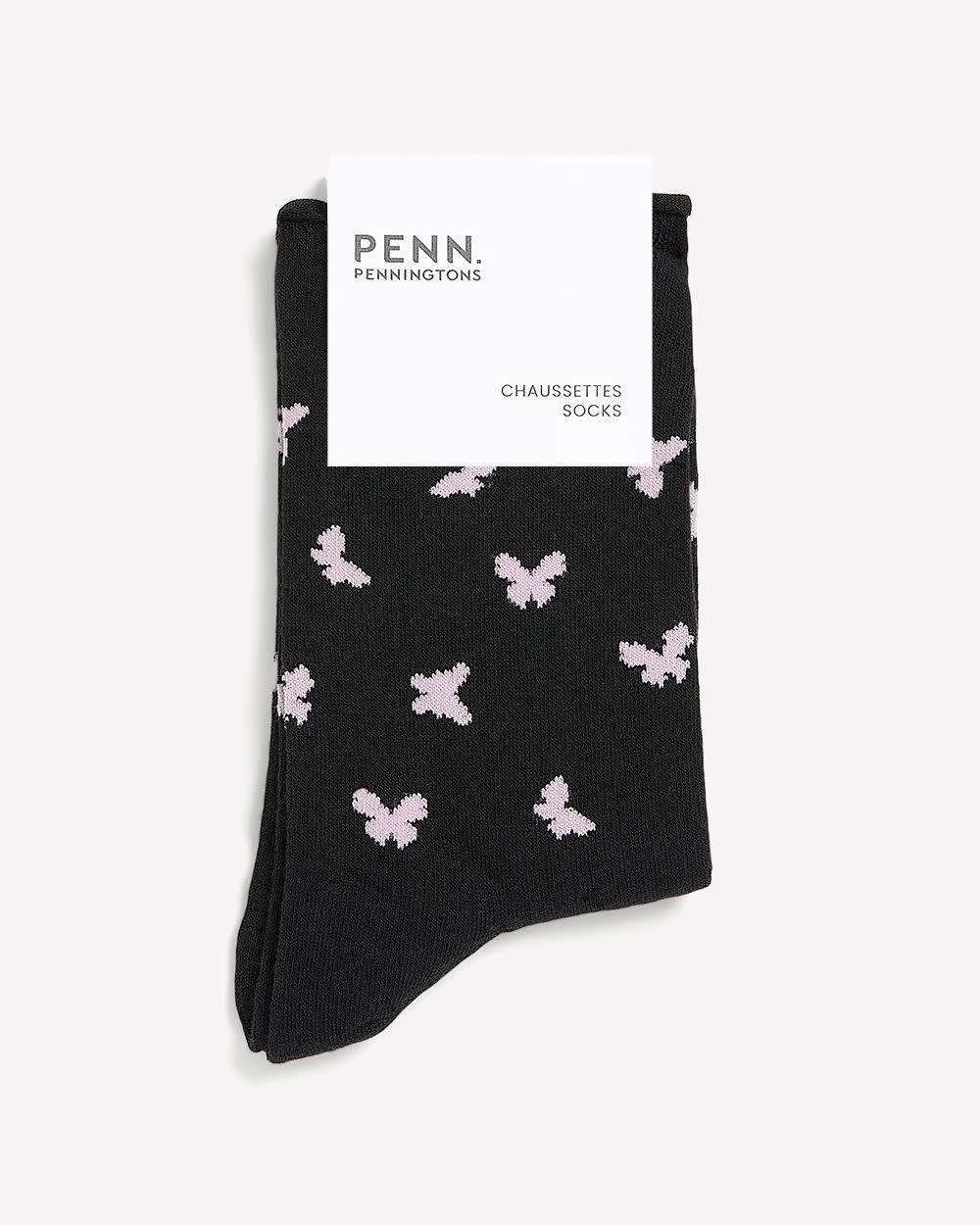Black Butterfly-Print Crew Socks with Rolled Edge