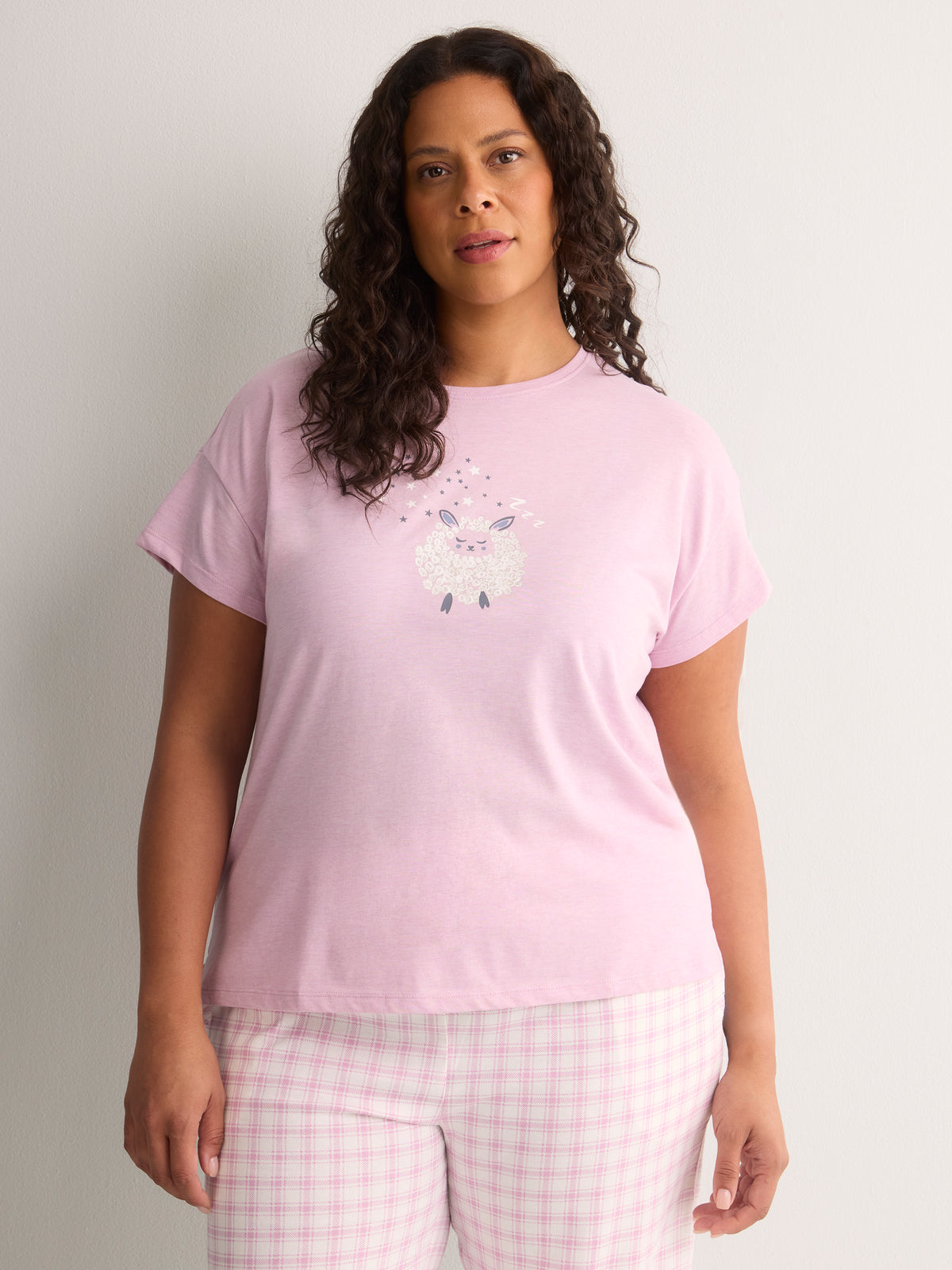 Pink Boxy-Fit Cotton Knit Pyjama Top with Sheep Chest Print - tiVOGLIO