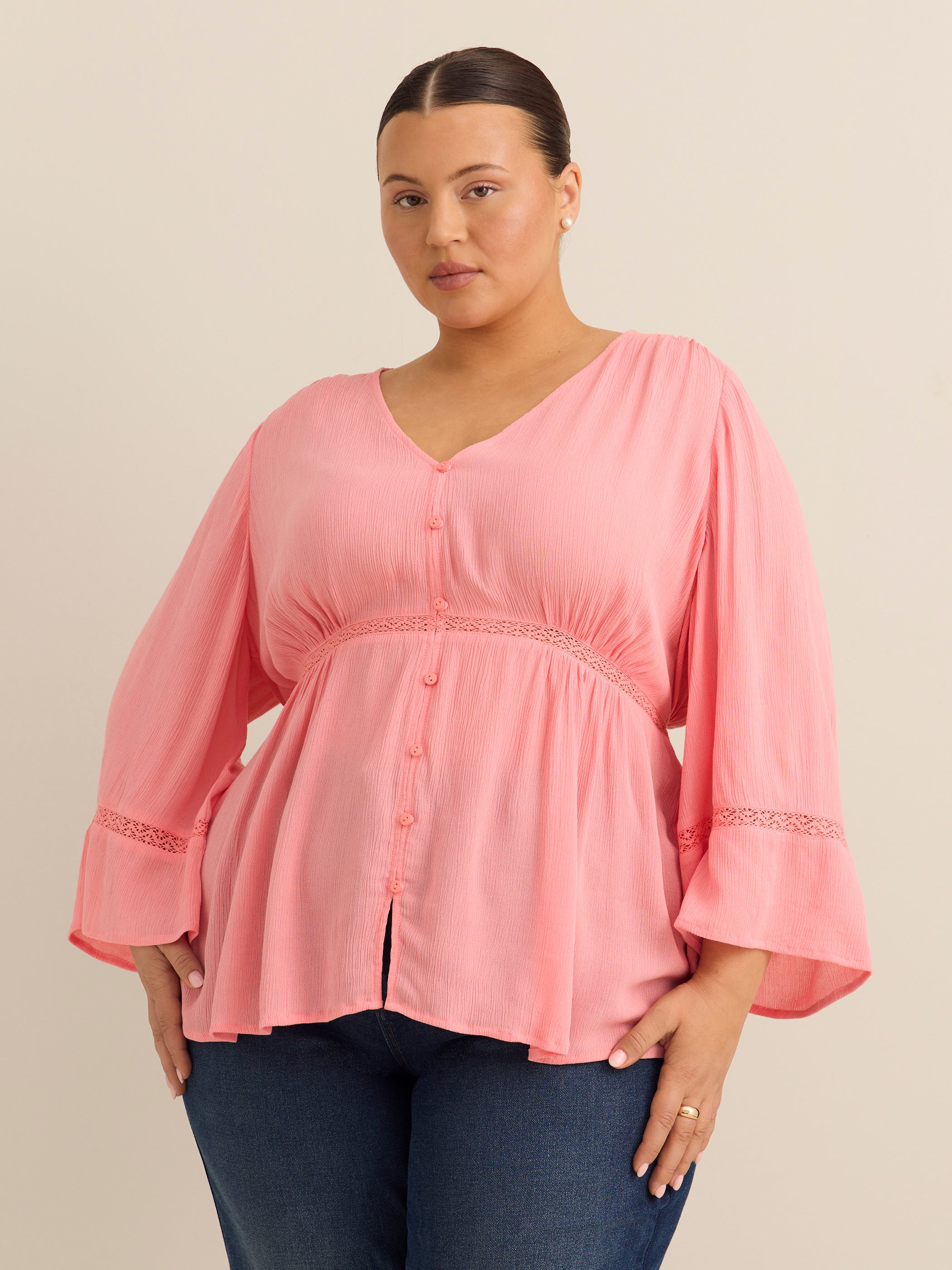 Wide-Sleeve V-Neck Blouse with Decorative Tape - Addition Elle