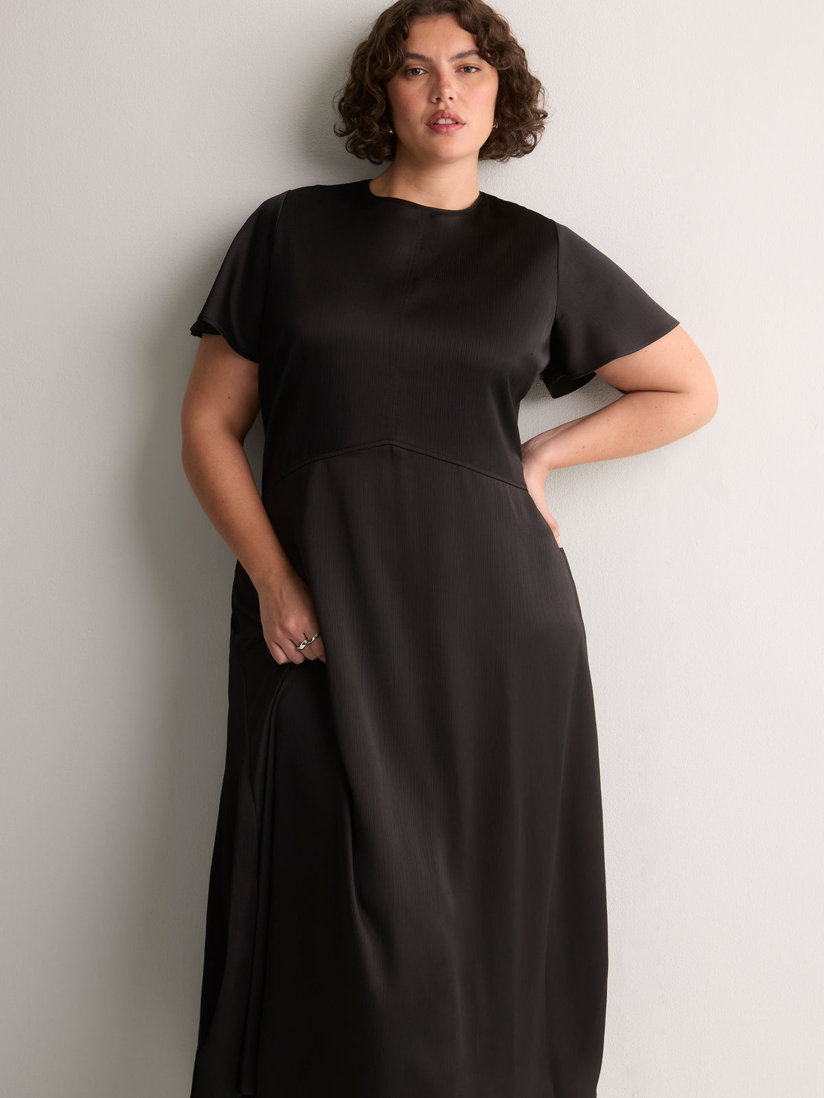 Black Satin Fit-and-Flare Maxi Dress - Addition Elle