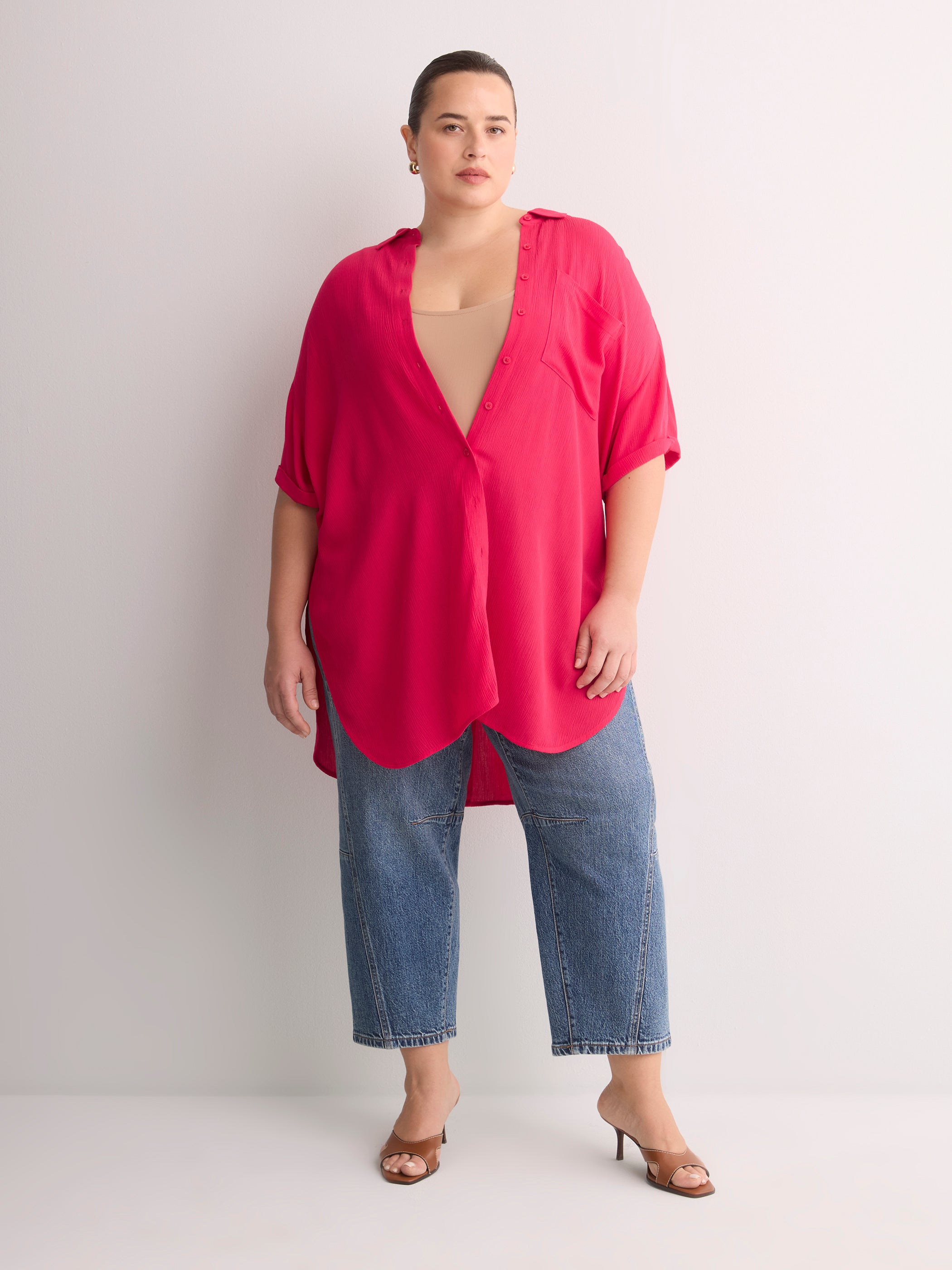Loose-Fit Short-Sleeve Crinkle Buttoned-Down Tunic