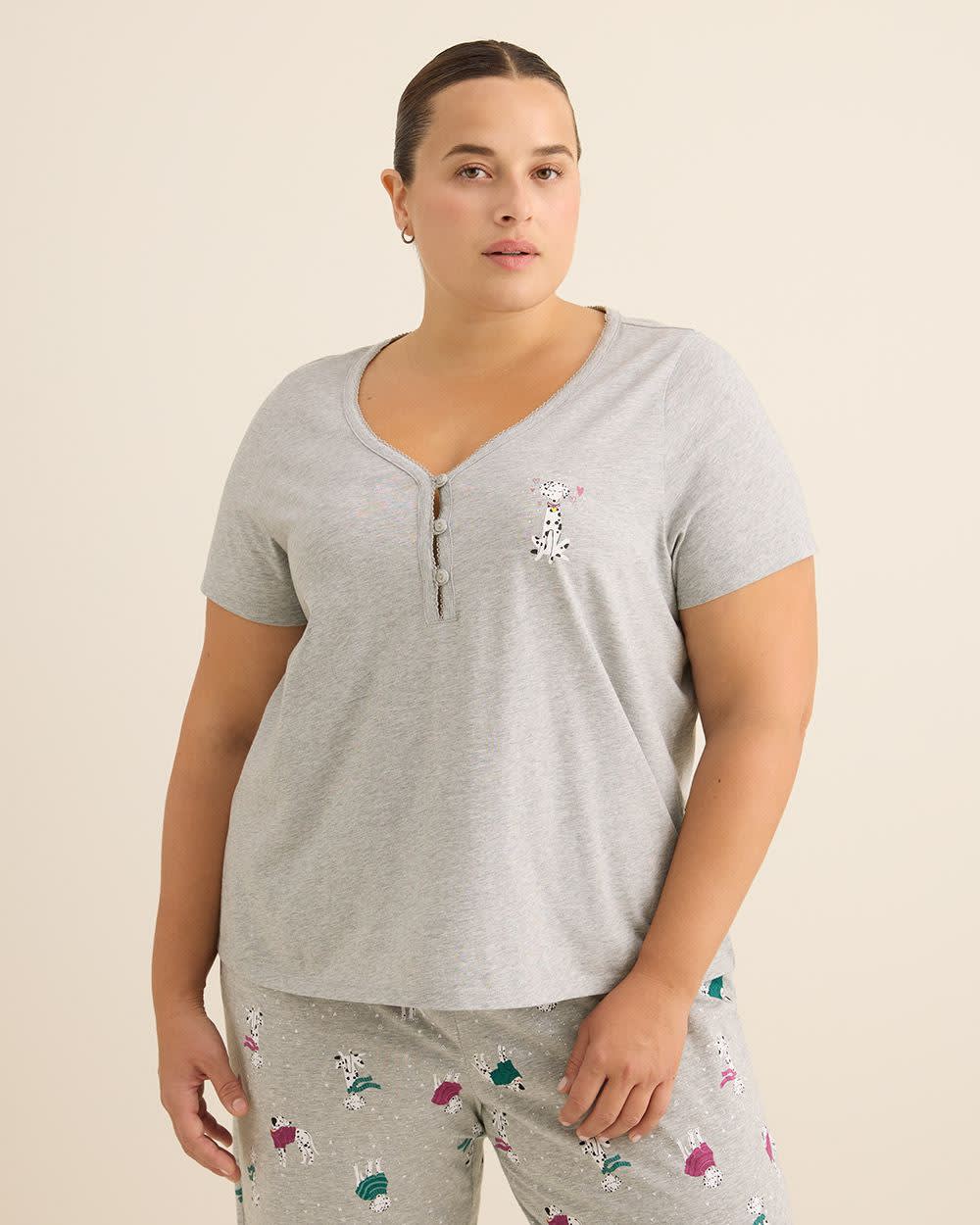 tIVOGLIO Haut de pyjama tricoté pour femmes – Mélange de coton, manches courtes, col Henley