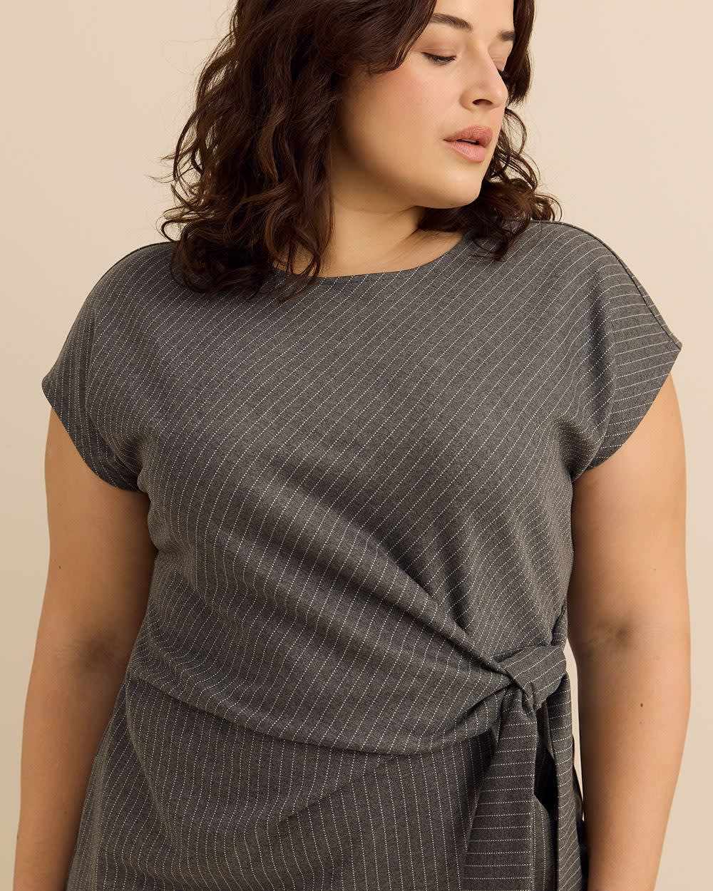 Grey Pinstripe Crewneck Dress with Side Knot