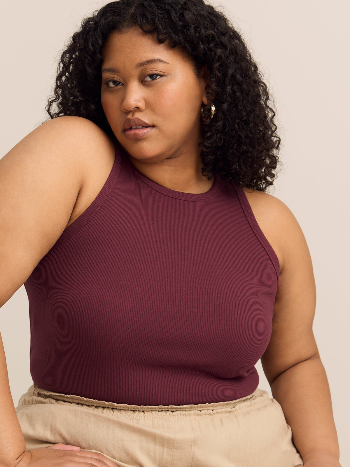 Halter-Neck Rib Knit Tank Top